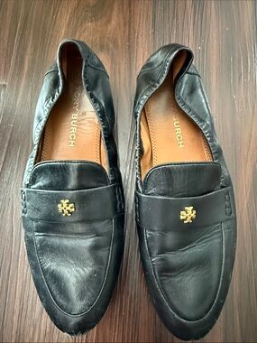 Tory Burch Black Leather Penny Loafers with Gold Logo